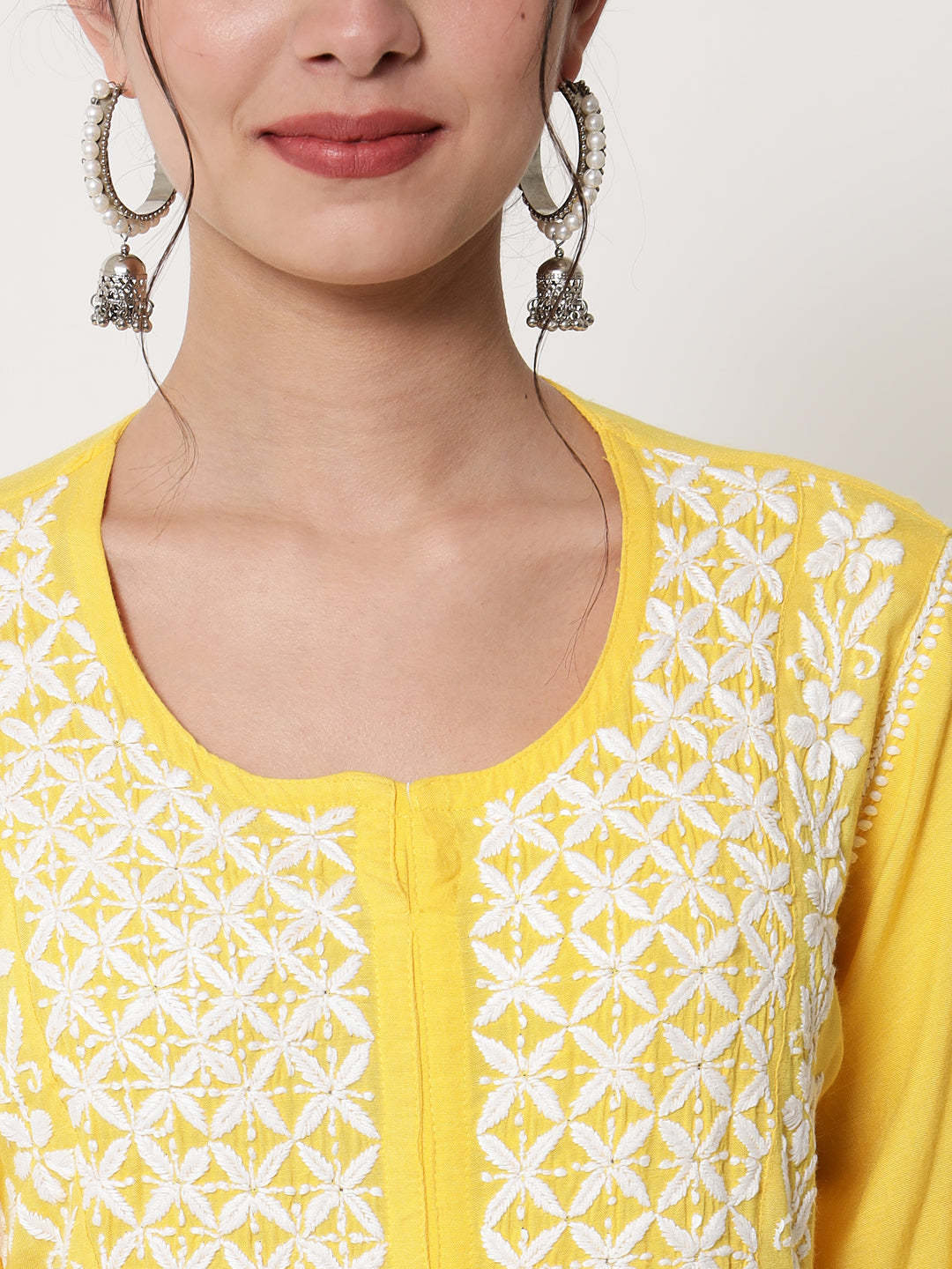 Women Hand Embroidered Chikankari Rayon Kurta-AL3549 Yellow