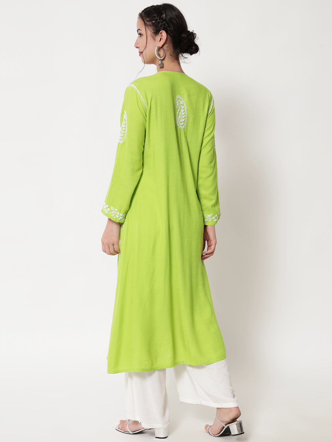 Women Hand Embroidered Chikankari Rayon Kurta-AL3549 Green