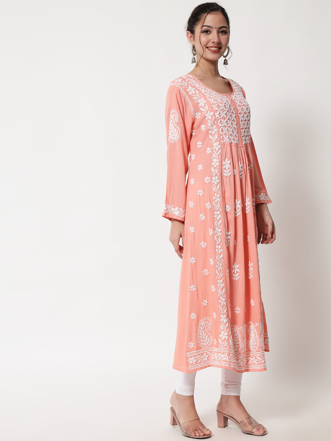 Women Hand Embroidered Chikankari Rayon Kurta-AL3549 Peach