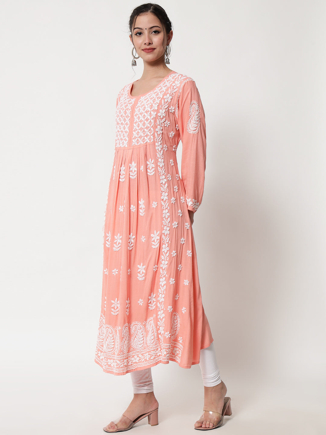 Women Hand Embroidered Chikankari Rayon Kurta-AL3549 Peach