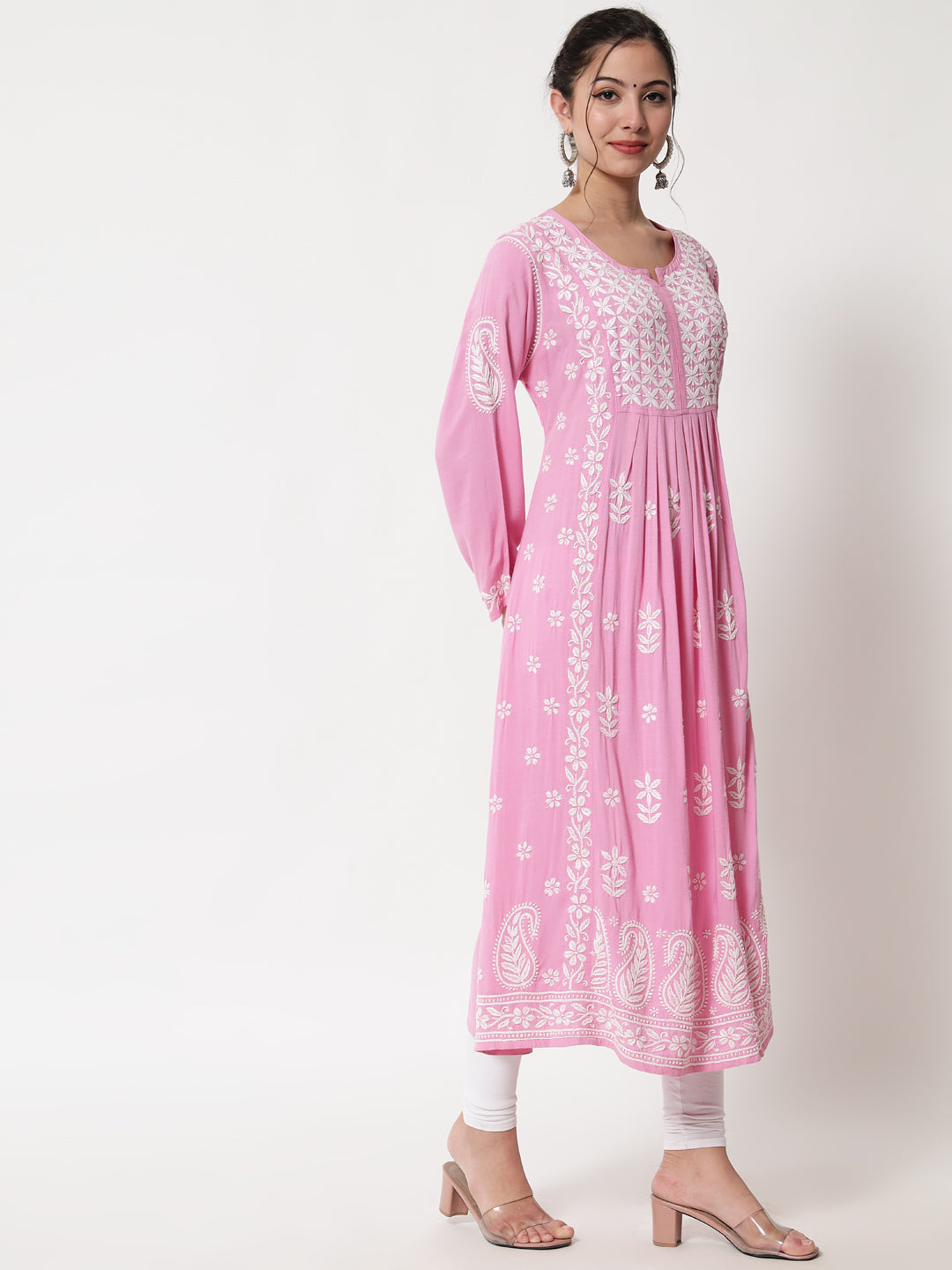 Women Hand Embroidered Chikankari Rayon Kurta-AL3549 Pink