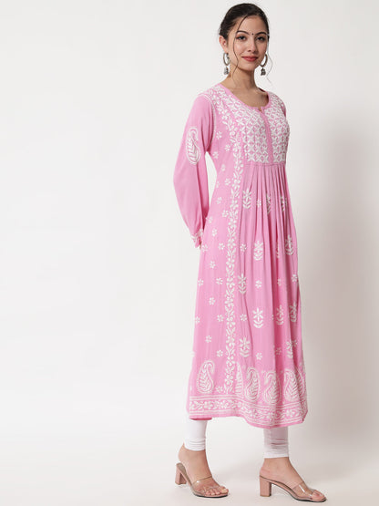 Women Hand Embroidered Chikankari Rayon Kurta-AL3549 Pink