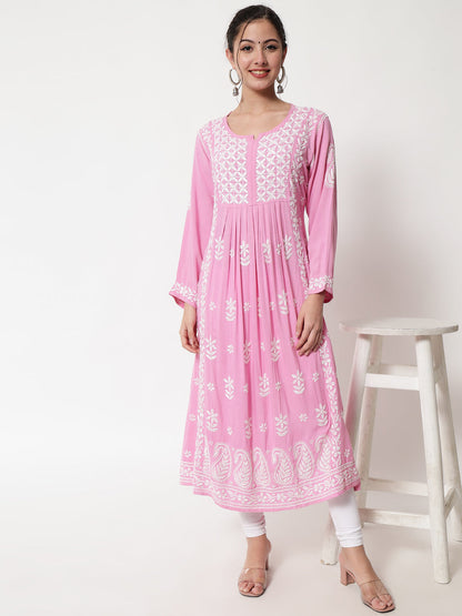 Women Hand Embroidered Chikankari Rayon Kurta-AL3549 Pink