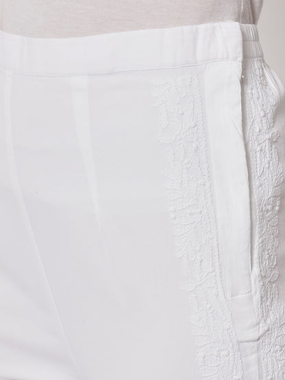 Hand Embroidered Chikankari Cotton Women White Pant-AL3568