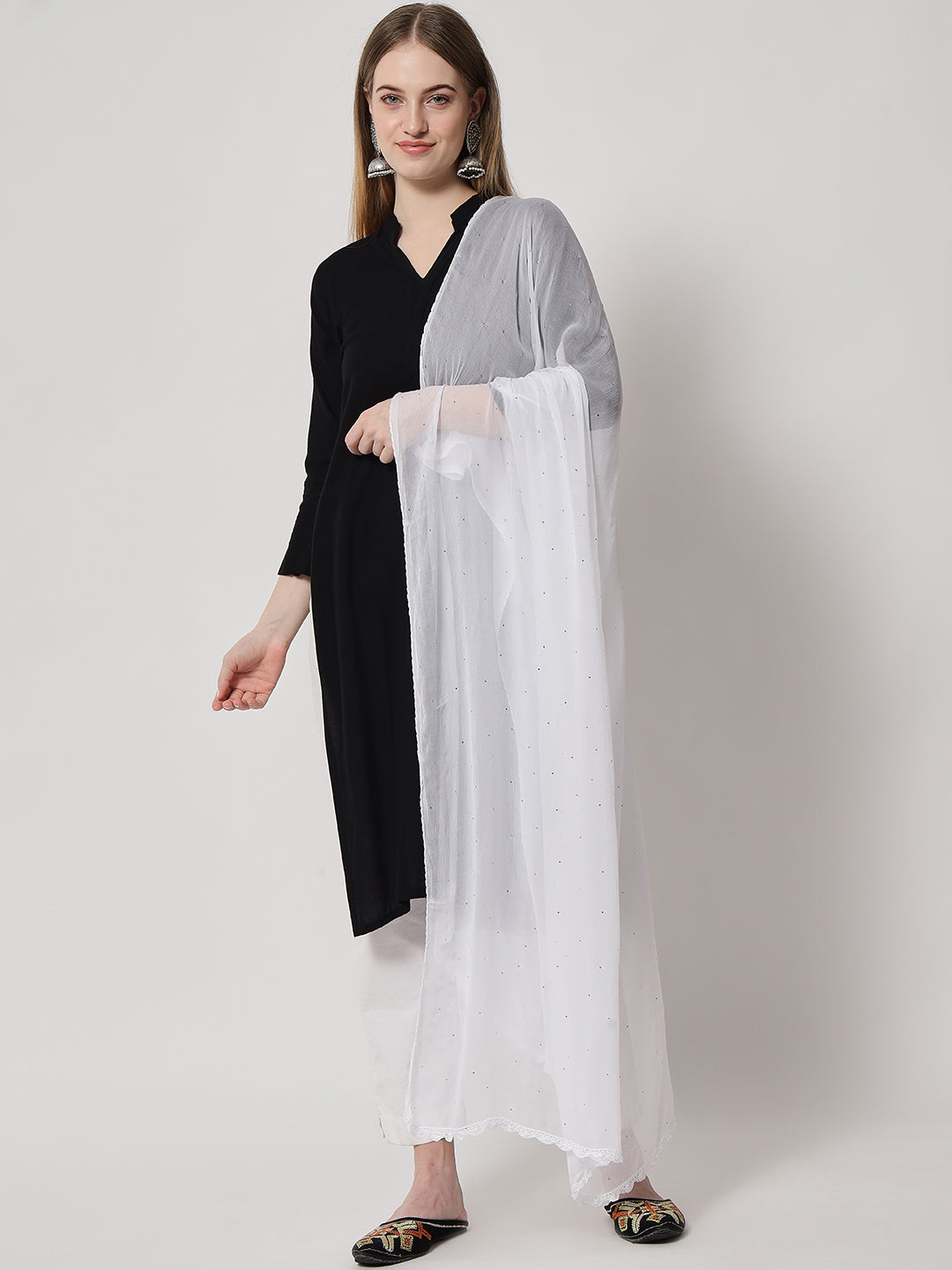 Women Hand Embroidered Chiffon Mukaish Dupatta-AL3575