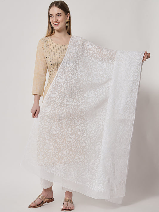 Women Hand Embroidered Kota Cotton Full Chikankari Work Dupatta-AL3573