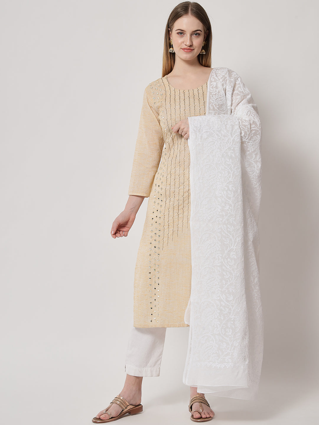 Women Hand Embroidered Kota Cotton Full Chikankari Work Dupatta-AL3573