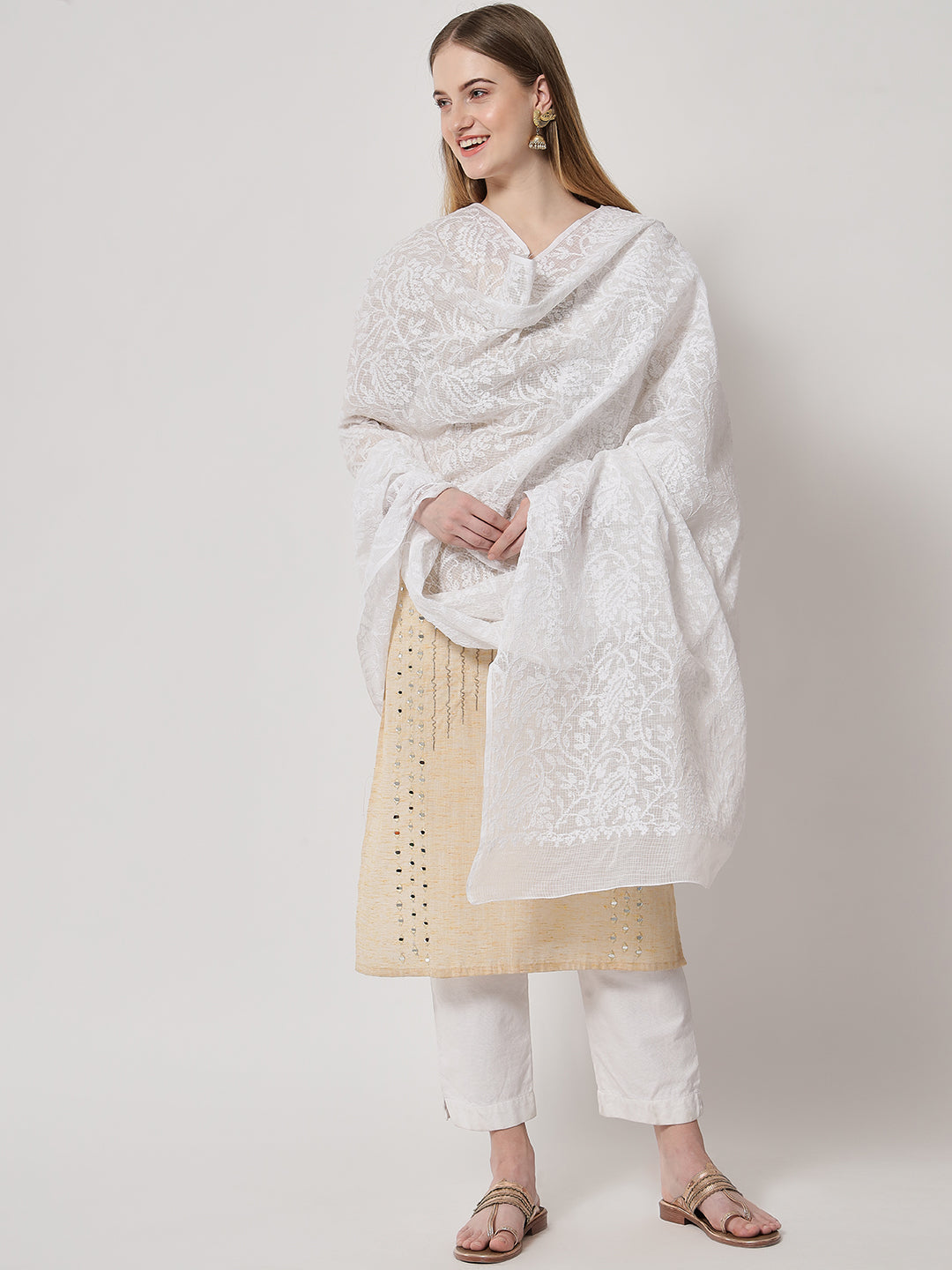 Women Hand Embroidered Kota Cotton Full Chikankari Work Dupatta-AL3573