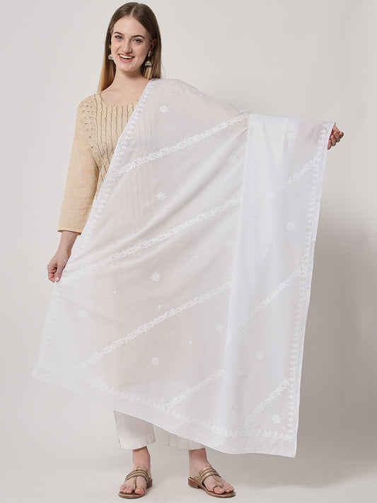 Women Hand Embroidered Mulmul Cotton Chikankari Dupatta-AL3576
