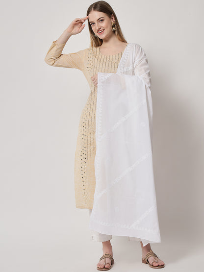 Women Hand Embroidered Mulmul Cotton Chikankari Dupatta-AL3576
