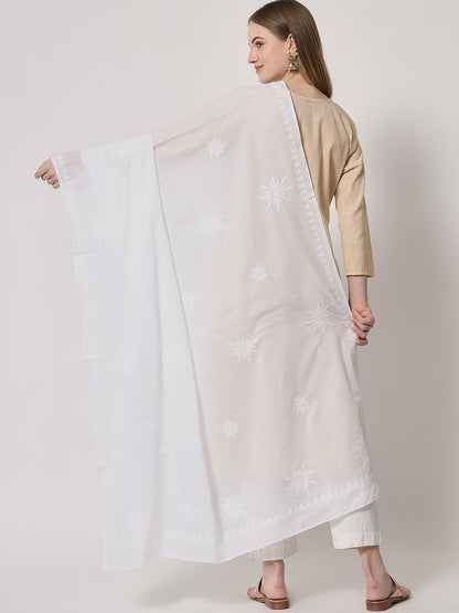 Women Hand Embroidered Mulmul Cotton Chikankari Dupatta-AL3574