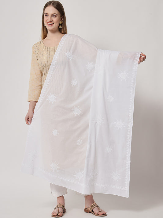 Women Hand Embroidered Mulmul Cotton Chikankari Dupatta-AL3574