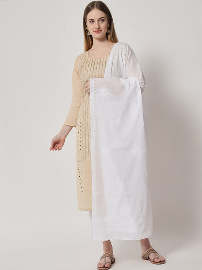 Women Hand Embroidered Mulmul Cotton Chikankari Dupatta-AL3574