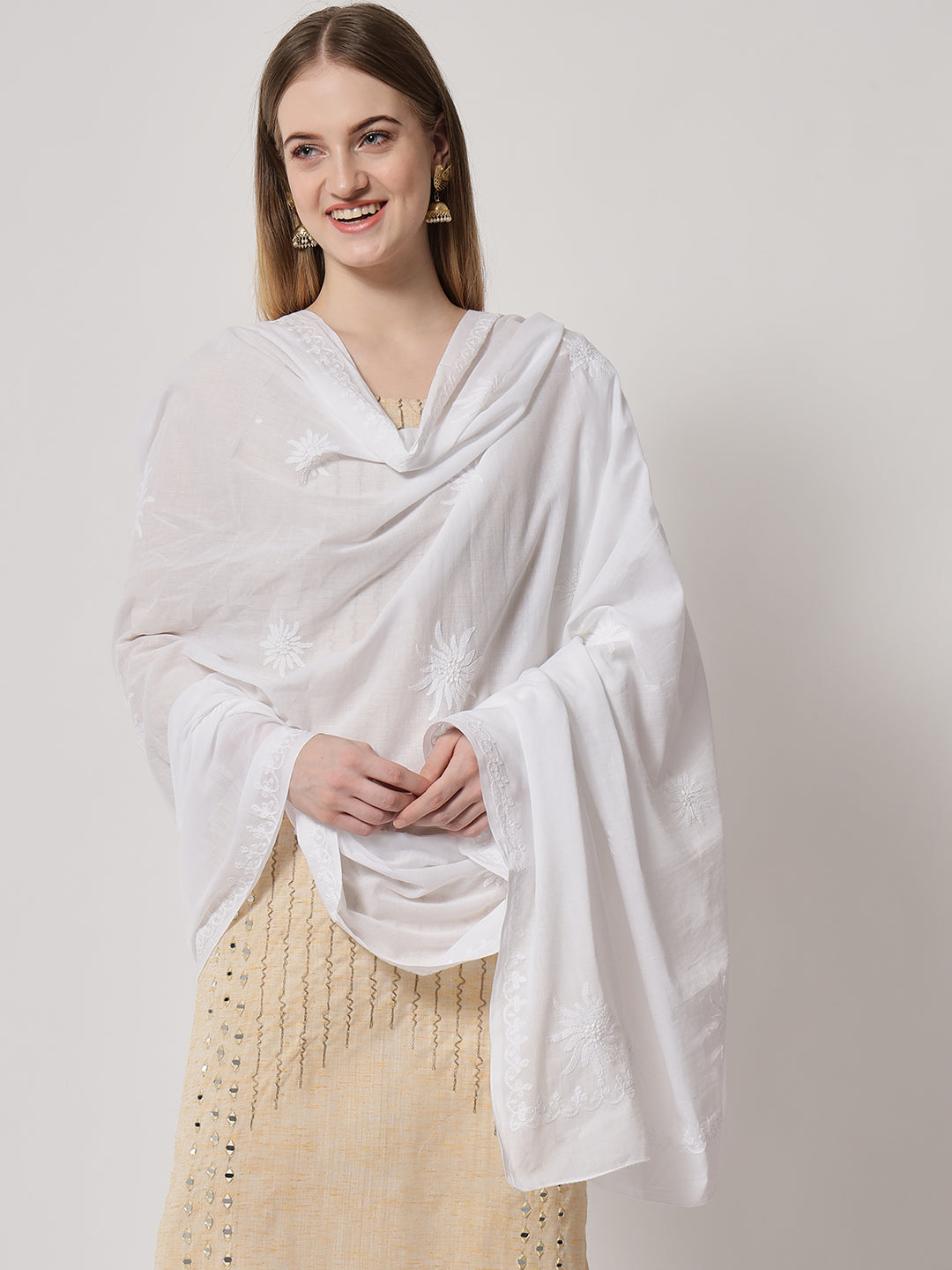 Women Hand Embroidered Mulmul Cotton Chikankari Dupatta-AL3574