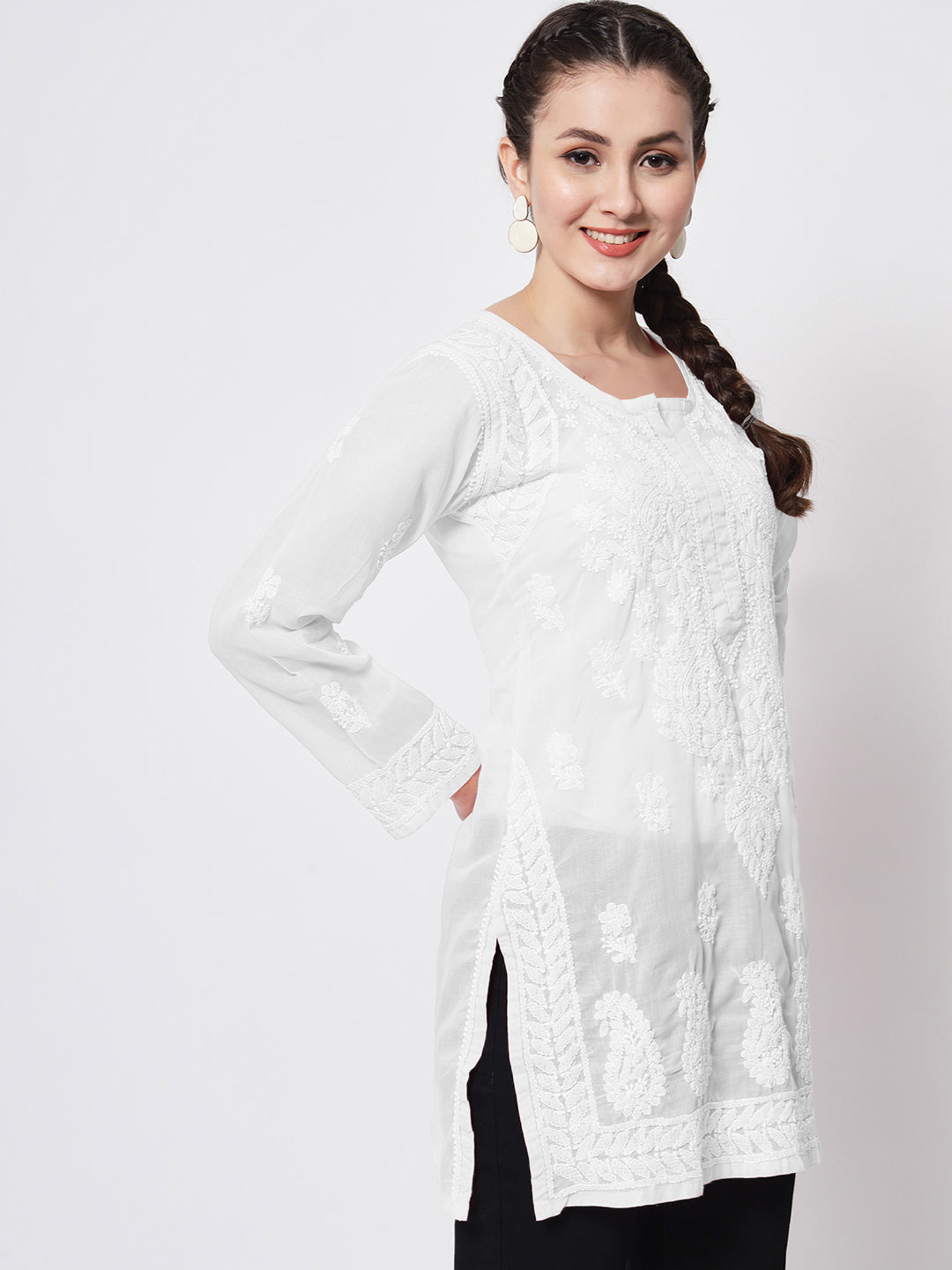 Hand Embroidered Chikankari Cotton Straight Kurti-AL3595 White