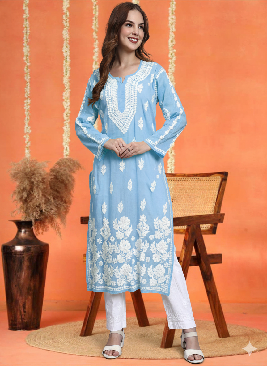 Women Hand Embroidered Chikankari Mulmul Kurti -AL3723 Blue