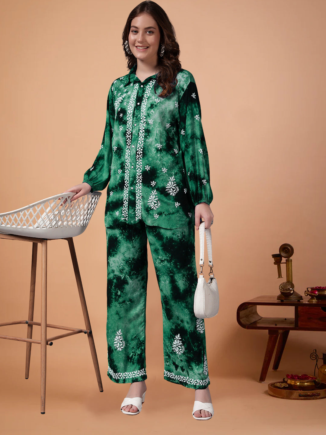 Women Hand Embroidered Chikankari Rayon Co-ord Set-AL4093KS Green