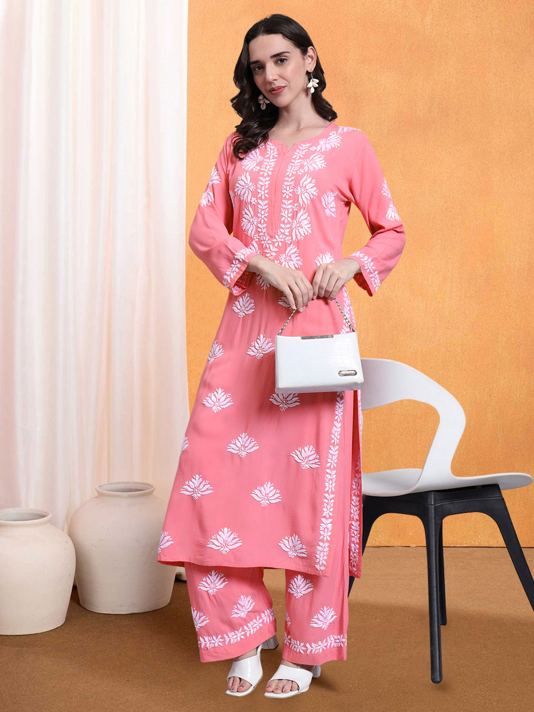 Women Hand Embroidered Chikankari Rayon Kurta Set-AL4084KS Mauve