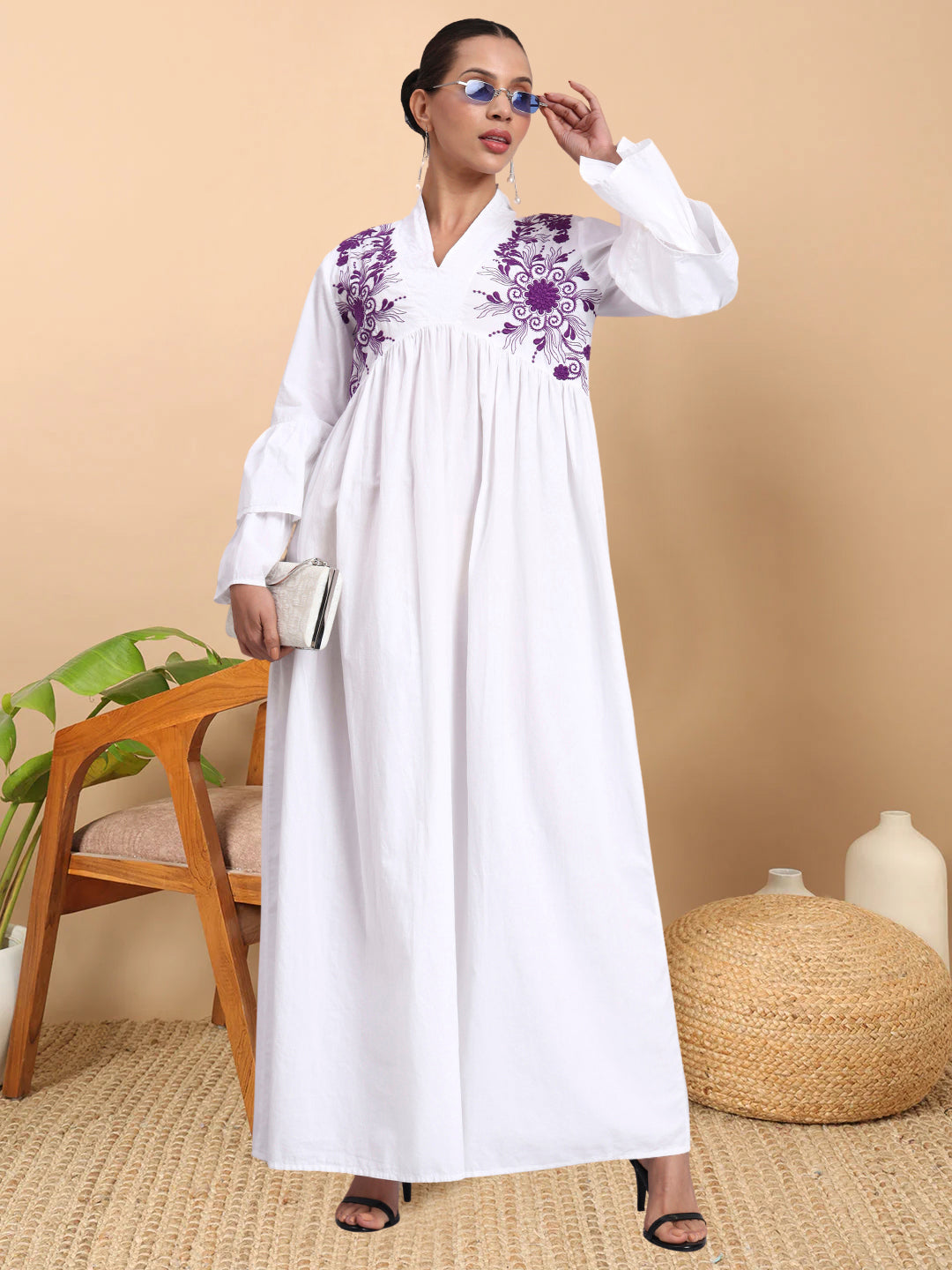 Women Embroided Cotton Jalabiya-AL3697B Purple