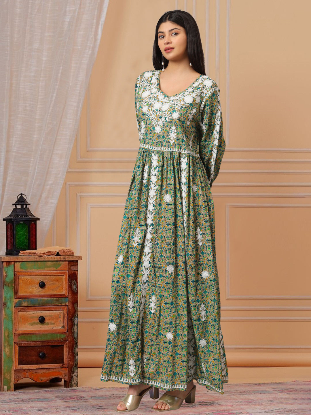 Hand Embroidered Lucknowi Chikankari  Printed Mulmul Cotton Jalabiya-AL3936 Green & Aqua