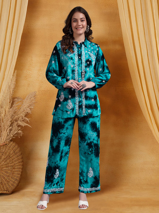 Women Hand Embroidered Chikankari Rayon Co-ord Set-AL4093KS Rama Green