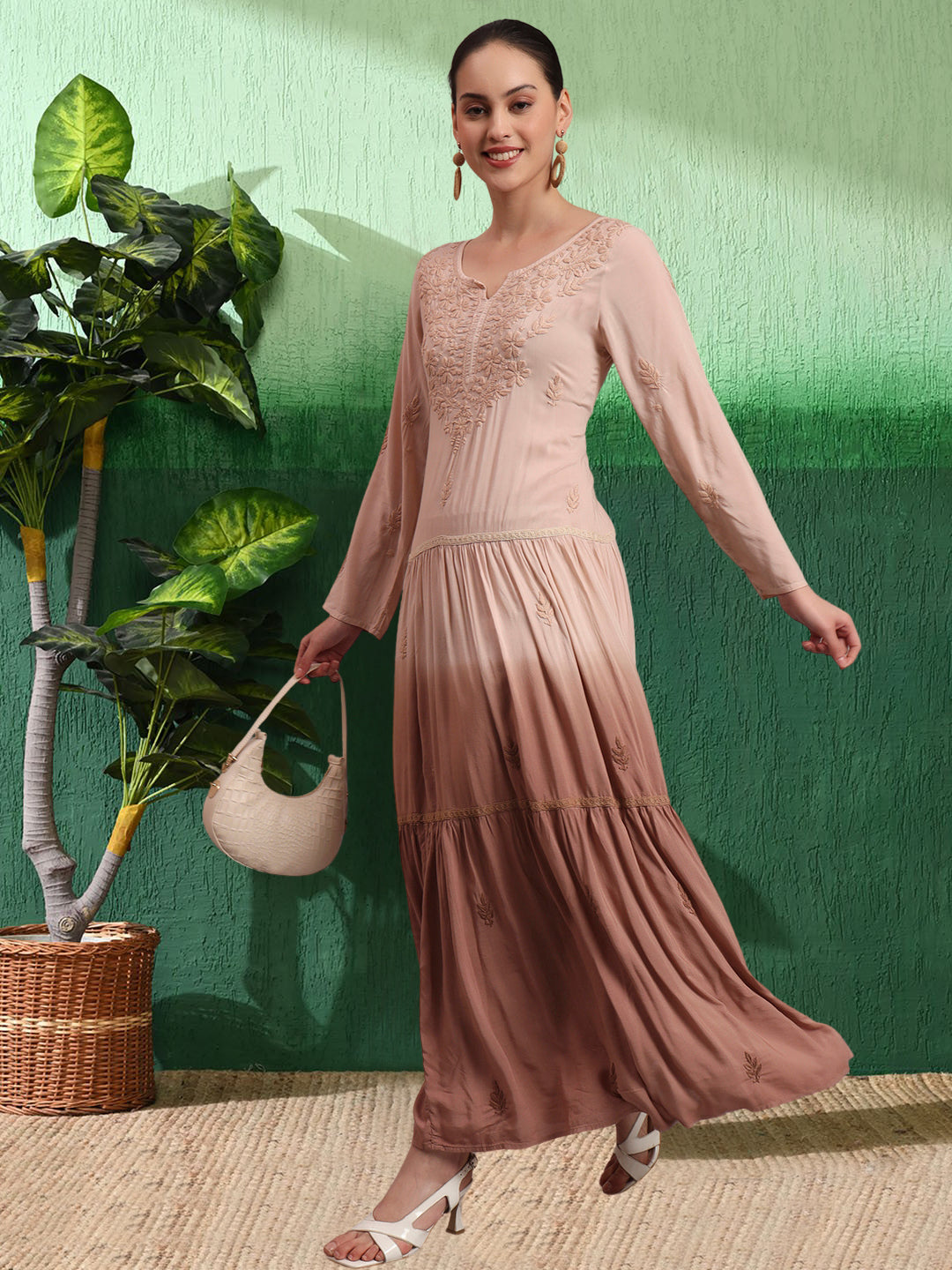 Hand Embroidered Chikankari Modal Ombre Jalabiya-AL4047 Beige