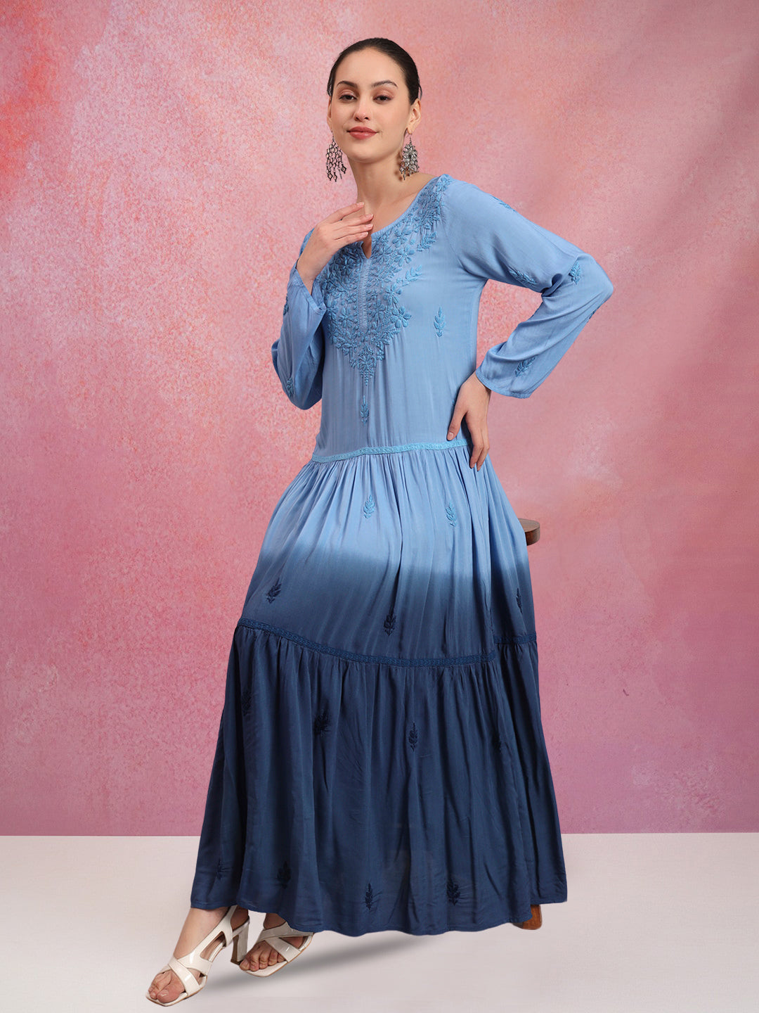 Hand Embroidered Chikankari Modal Ombre Jalabiya-AL4047 Blue