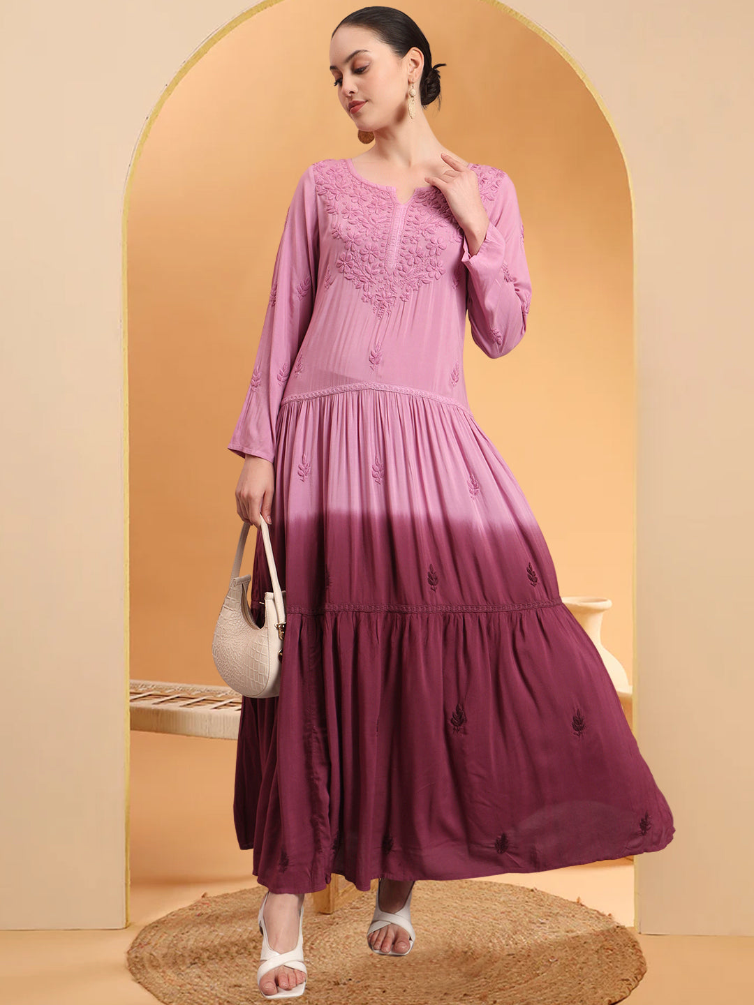 Hand Embroidered Chikankari Modal Ombre Jalabiya-AL4047 Onionpink