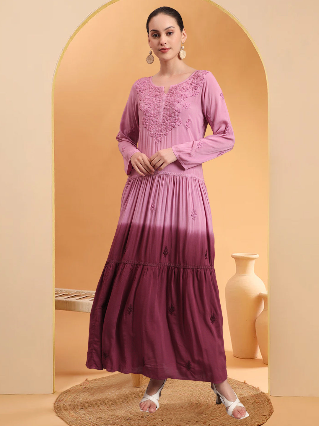 Hand Embroidered Chikankari Modal Ombre Jalabiya-AL4047 Onionpink