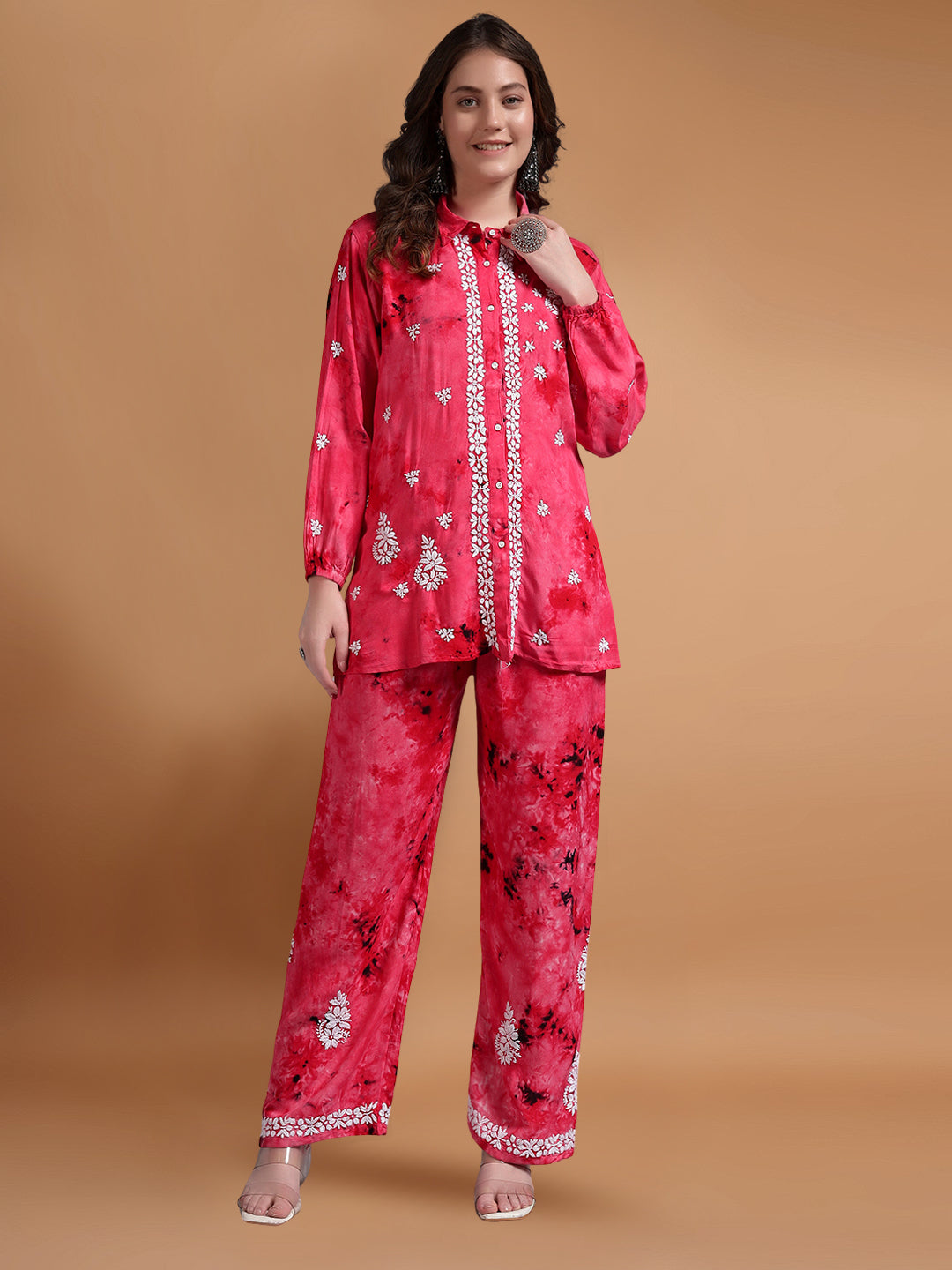 Women Hand Embroidered Chikankari Rayon Co-ord Set-AL4093KS Pink