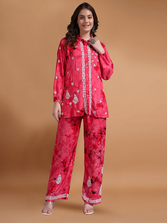 Women Hand Embroidered Chikankari Rayon Co-ord Set-AL4093KS Pink