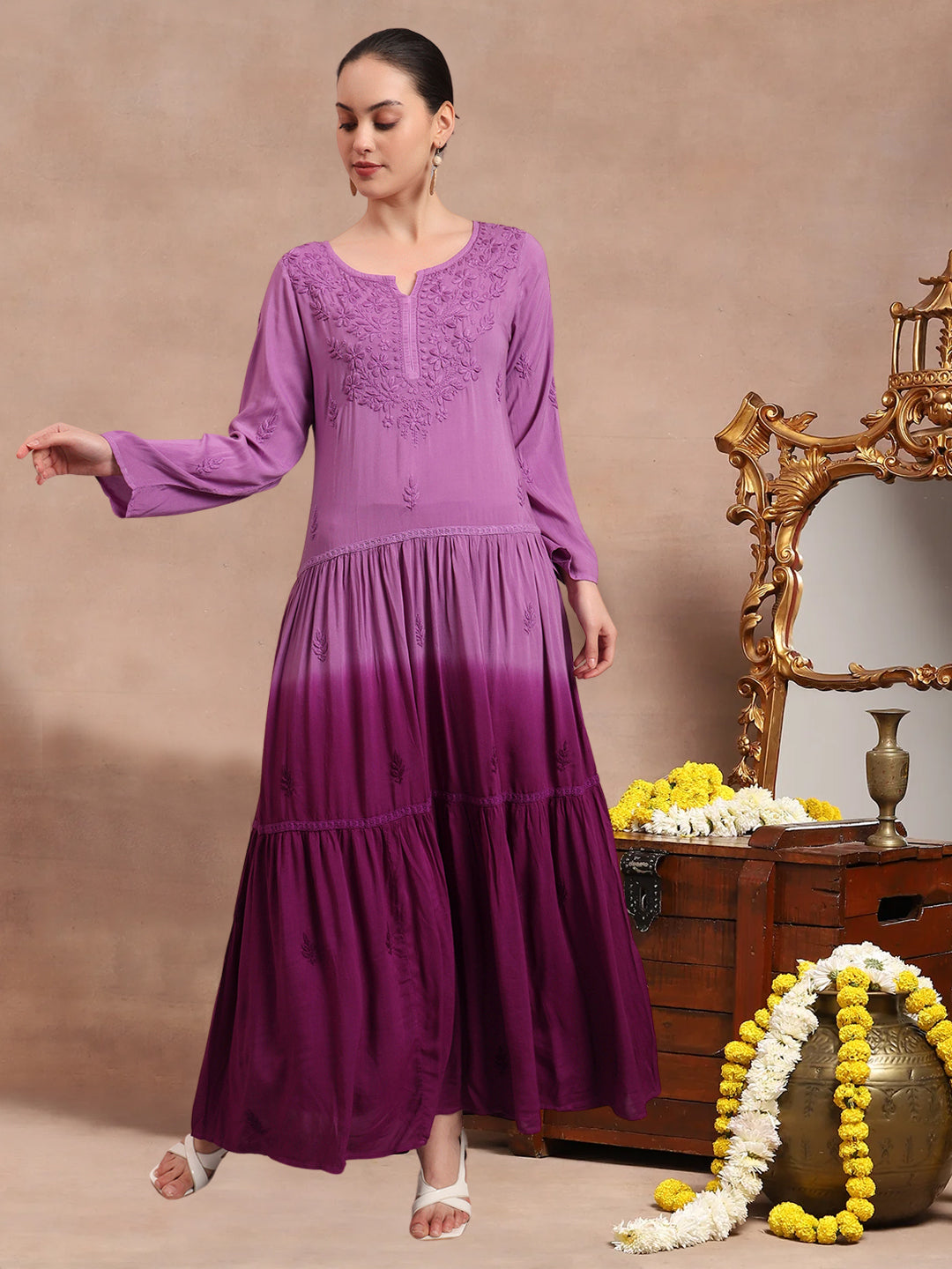 Hand Embroidered Chikankari Modal Ombre Jalabiya-AL4047 Purple