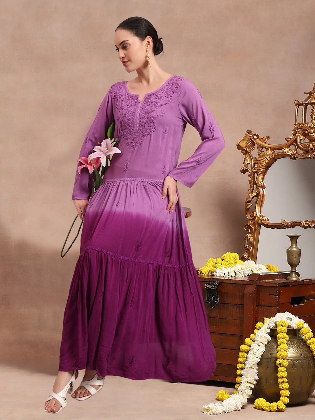 Hand Embroidered Chikankari Modal Ombre Jalabiya-AL4047 Purple