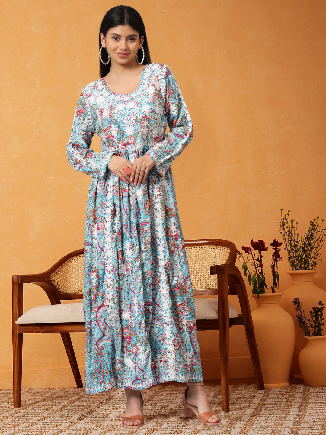 Hand Embroidered Lucknowi Chikankari  Printed Mulmul Cotton Jalabiya-AL3936 Blue & Pink