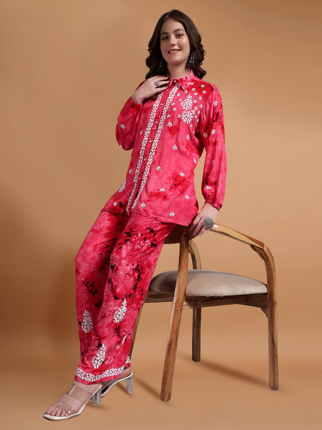 Women Hand Embroidered Chikankari Rayon Co-ord Set-AL4093KS Pink