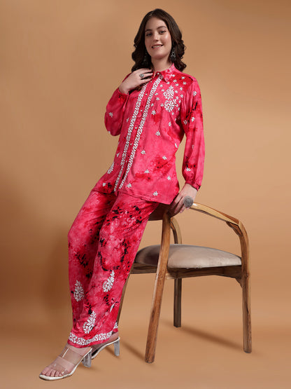 Women Hand Embroidered Chikankari Rayon Co-ord Set-AL4093KS Pink