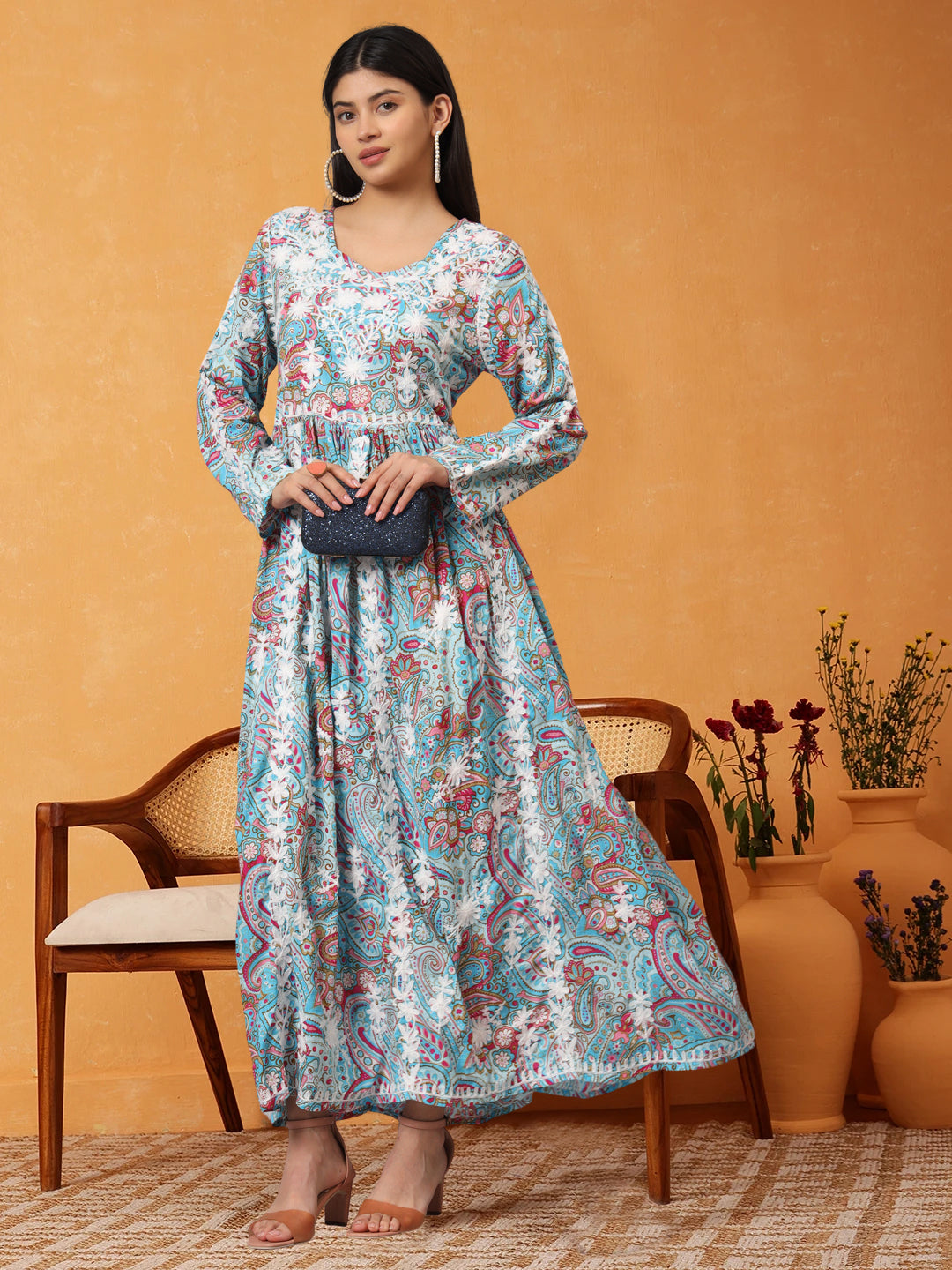 Hand Embroidered Lucknowi Chikankari  Printed Mulmul Cotton Jalabiya-AL3936 Blue & Pink