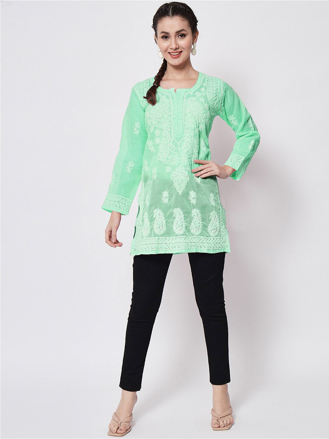 Hand Embroidered Chikankari Cotton Straight Short Kurti-AL3595 Green
