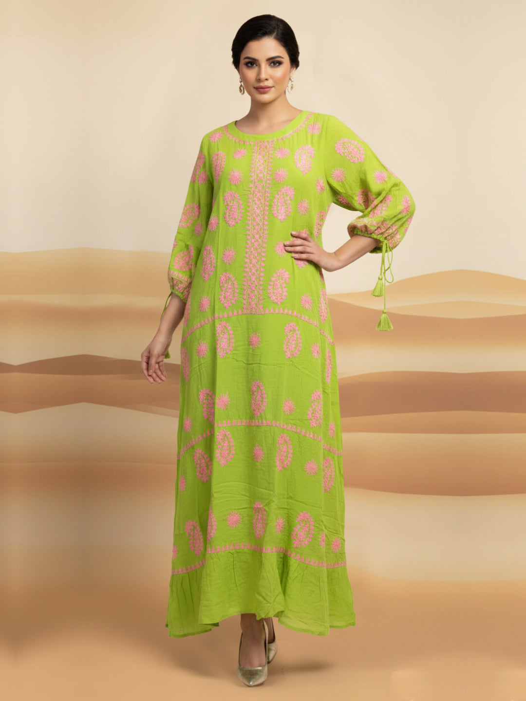Hand Embroidered Chikankari Rayon Jalabiya-AL4048 Green
