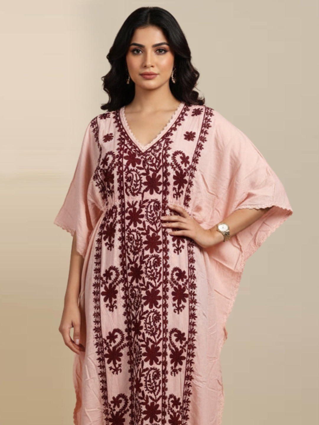 Hand Embroidered Chikankari Rayon Kaftan-AL3475 Maroon