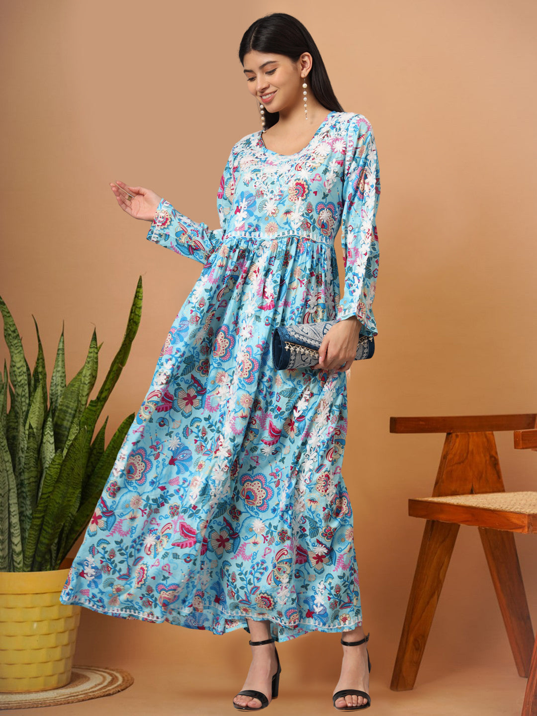 Hand Embroidered Lucknowi Chikankari  Printed Mulmul Cotton Jalabiya-AL3936 Blue