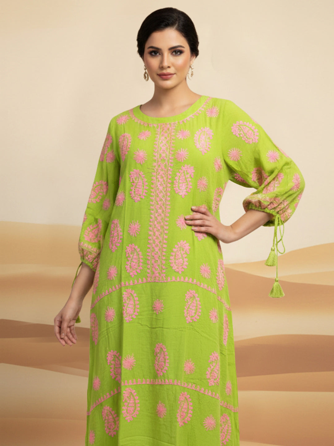 Hand Embroidered Chikankari Rayon Jalabiya-AL4048 Green