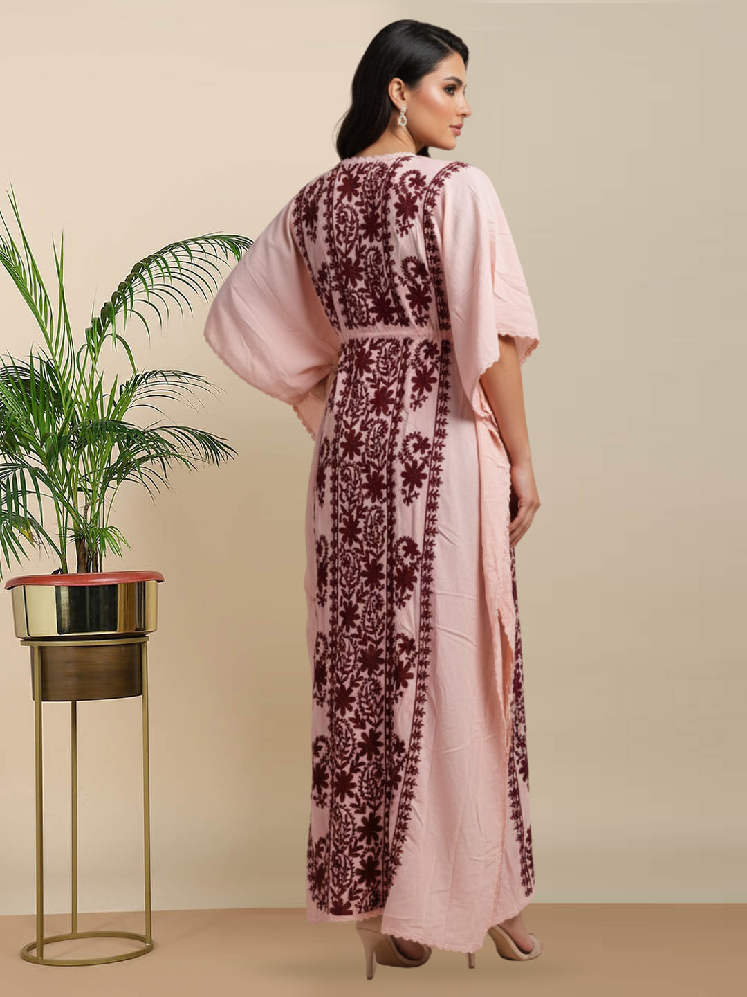 Hand Embroidered Chikankari Rayon Kaftan-AL3475 Maroon