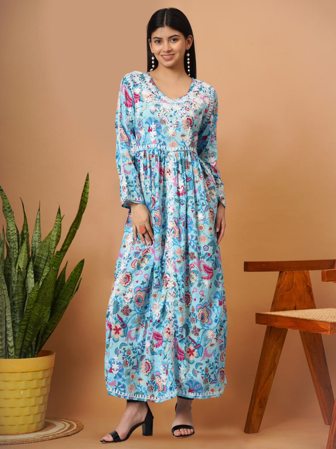 Hand Embroidered Lucknowi Chikankari  Printed Mulmul Cotton Jalabiya-AL3936 Blue