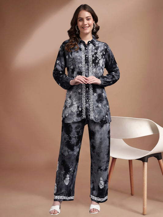 Women Hand Embroidered Chikankari Rayon Co-ord Set-AL4093KS Grey
