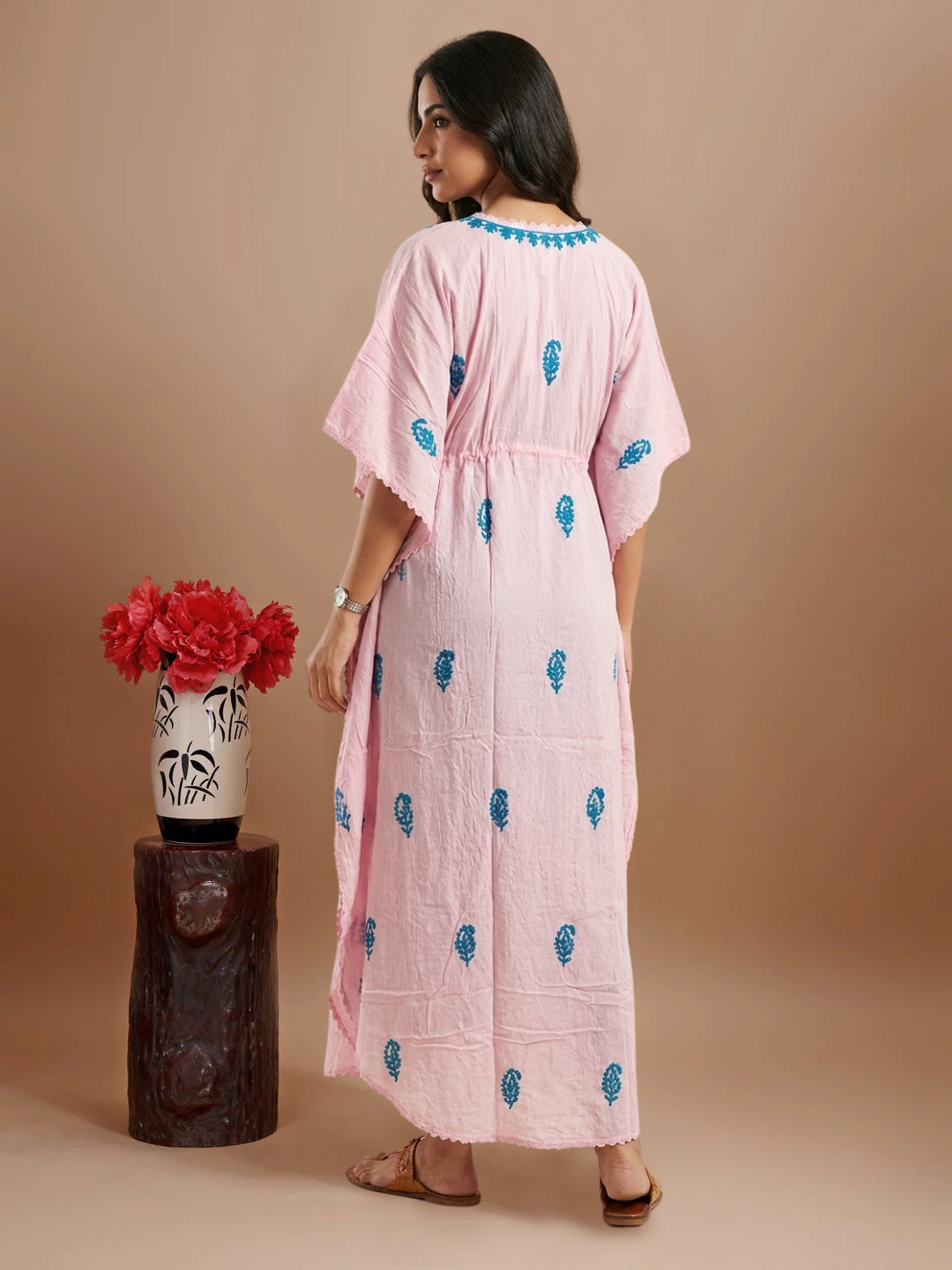 Hand Embroidered Chikankari Rayon Kaftan-AL3474 Turquoise