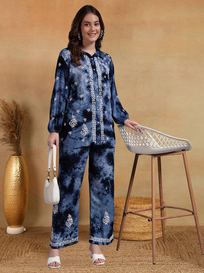 Women Hand Embroidered Chikankari Rayon Co-ord Set-AL4093KS Navy