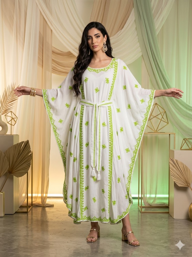 Hand Embroidered Chikankari Modal Kaftan-AL3604 White & Green