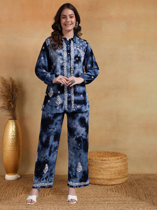 Women Hand Embroidered Chikankari Rayon Co-ord Set-AL4093KS Navy