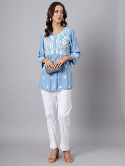 Women Hand Embroidered Chikankari Rayon Kurti with Pockets-AL3696 Blue